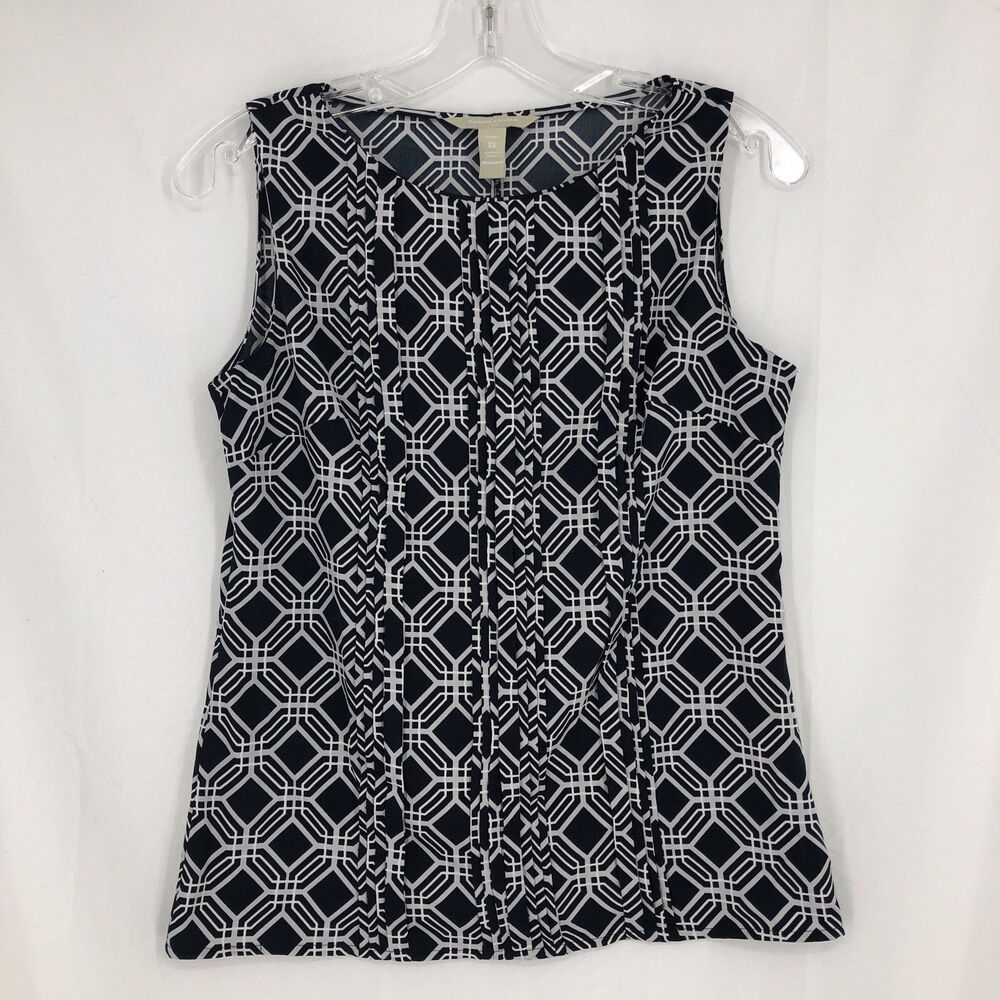Banana Republic Womens PXS Sleeveless Blouse Geometric Diamond Pleated Top Navy